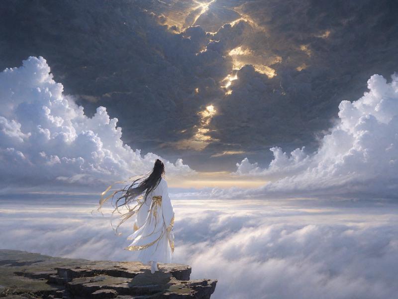 12613-3900732176-In the vast and empty sky,a white figure is slowly walking on a cloud. She is dressed in a white and gold Hanfu,her long hair fl.png